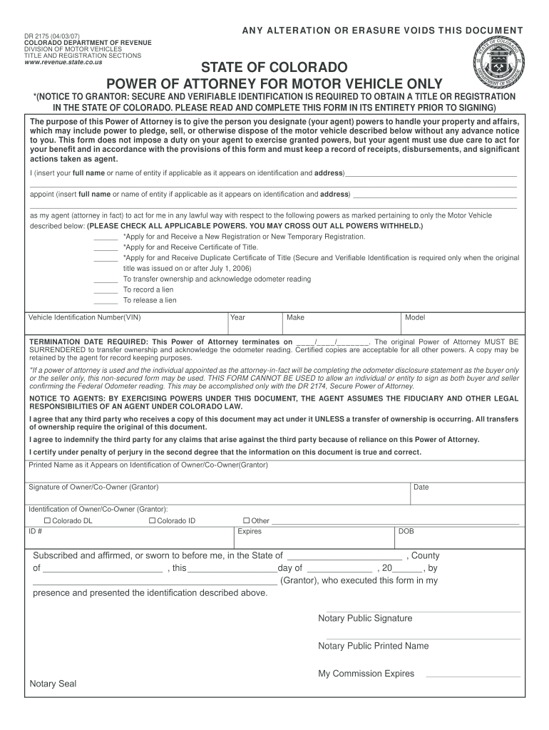  State of Colorado Power of Attorney for Motor Vehicle Only Form 2012