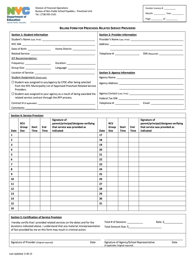  Billing Form for Preschool Related Service Providers 2015-2024