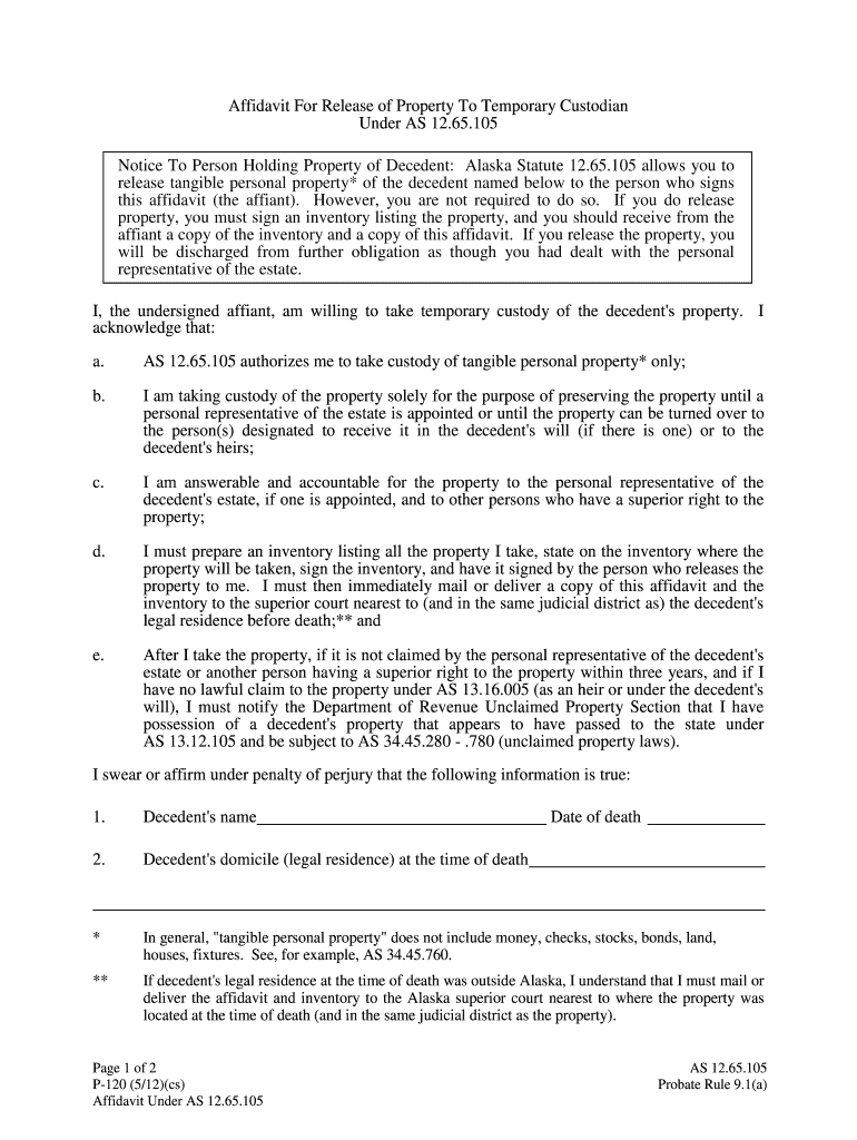 P 120 Affidavit for Release of Property to Temporary Custodian 512 Probate Forms