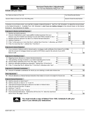 Arizona Schedule a Itemized Deduction Adjustments for Full Year Residents  Form