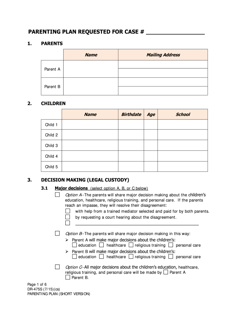  DR 475S Parenting Plan Short Version 7 15 Fill in Domestic Relations Forms 2015-2024