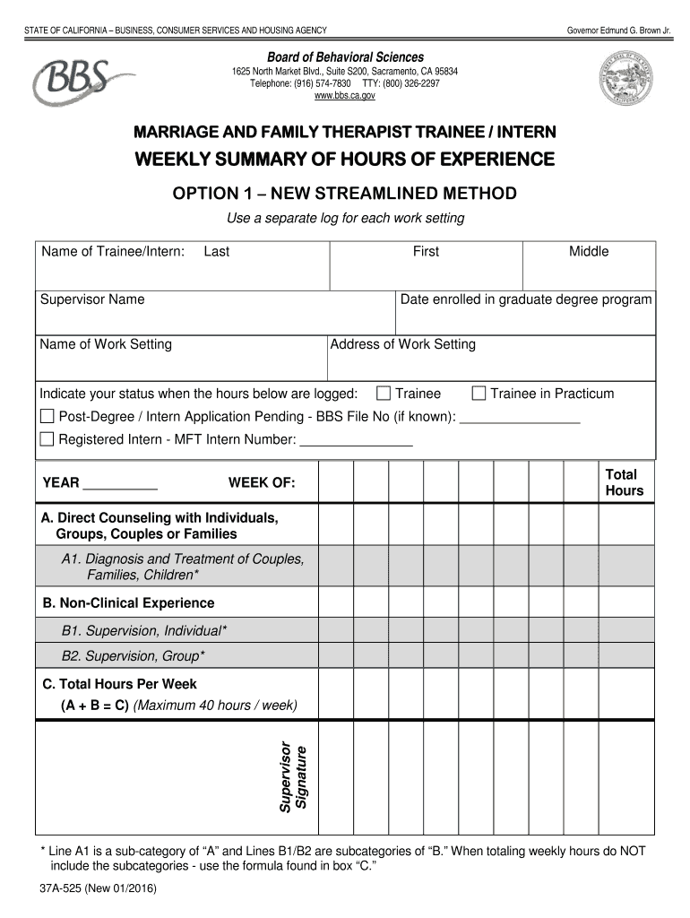  BBS LMFT Weekly Summary of Experience Hours Option 1  Bbs Ca 2016