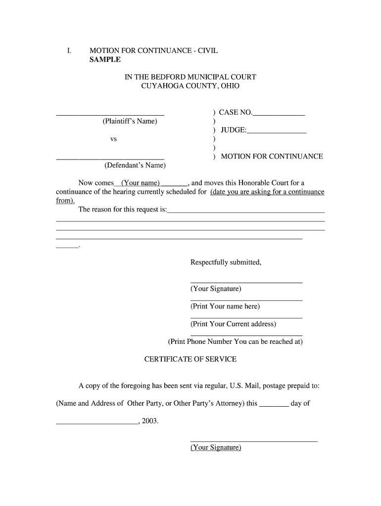 Motion for Continuance Template  Form