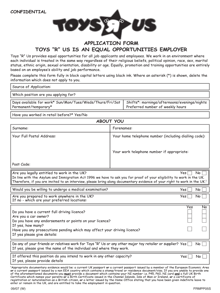  Toys R Us Application PDF Form 2007