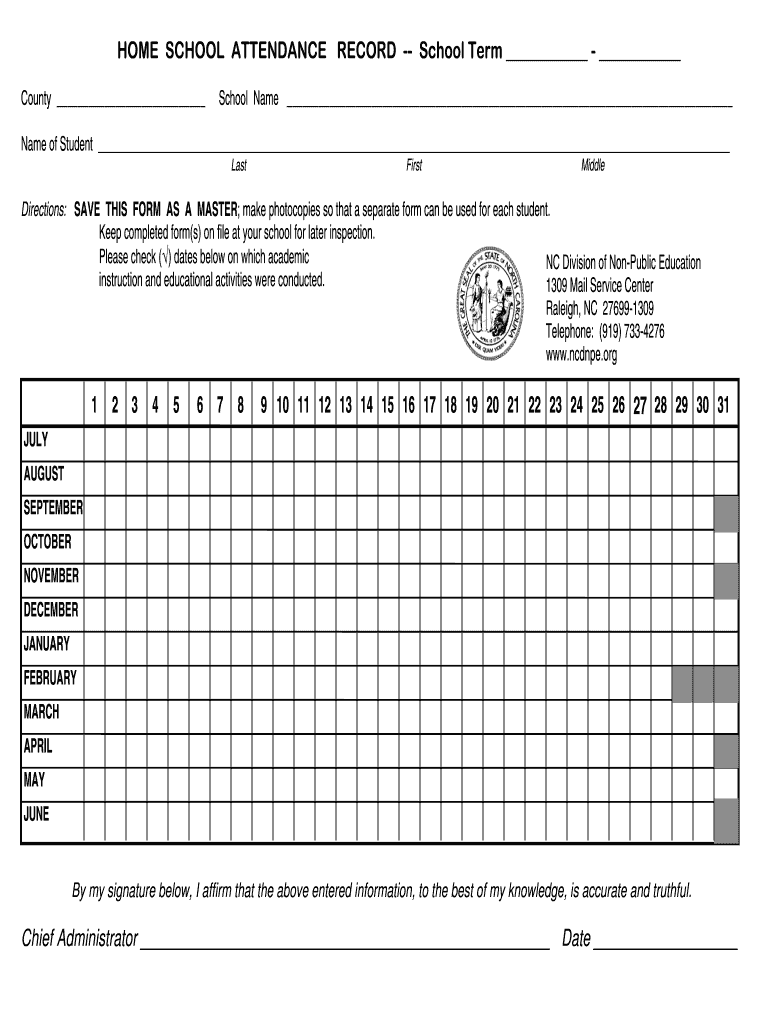 Nc Homeschool Attendance Record  Form