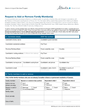 AINP Request to Add or Remove Family Member Alberta, Canada  Form