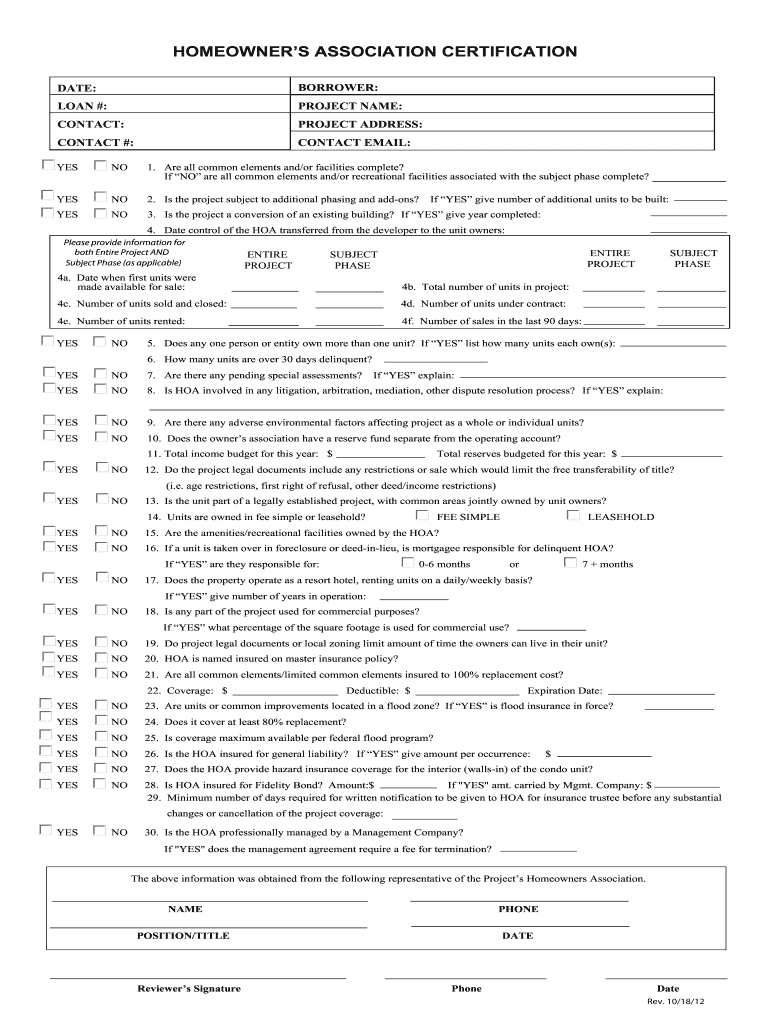  Homeowners Association Certification Form 2012-2024