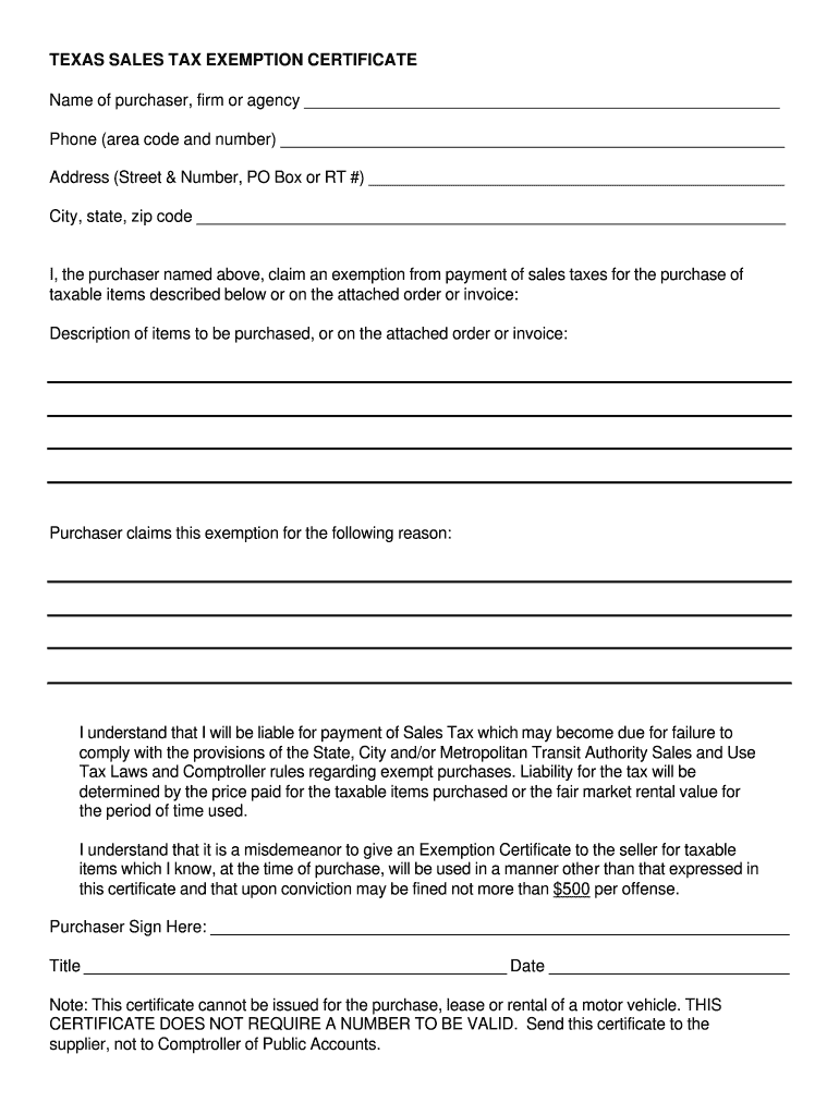 Texas Sales Tax Exemption Form