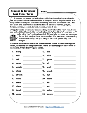 Irregular Past Tense Verbs Worksheet PDF  Form