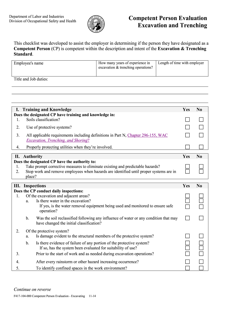 F417 104 000 Competent Person Evaluation Excavation and Trenching F417 104 000 Competent Person Evaluation Excavation and Trench  Form