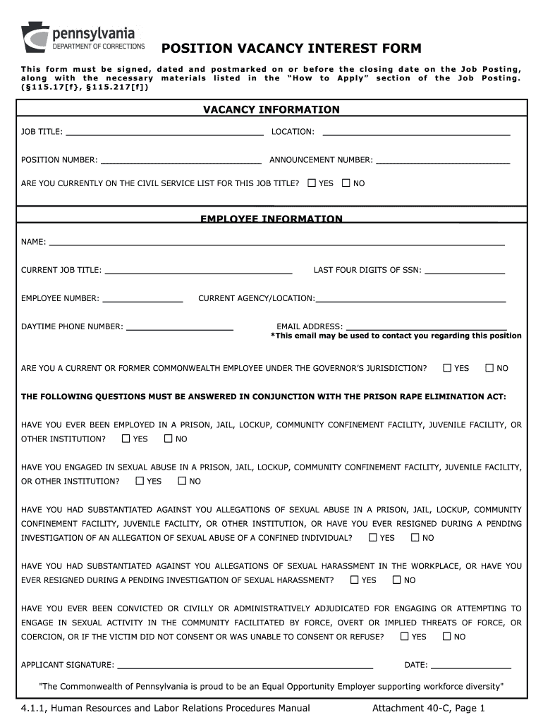 Pa Postion Vacancy Form Word