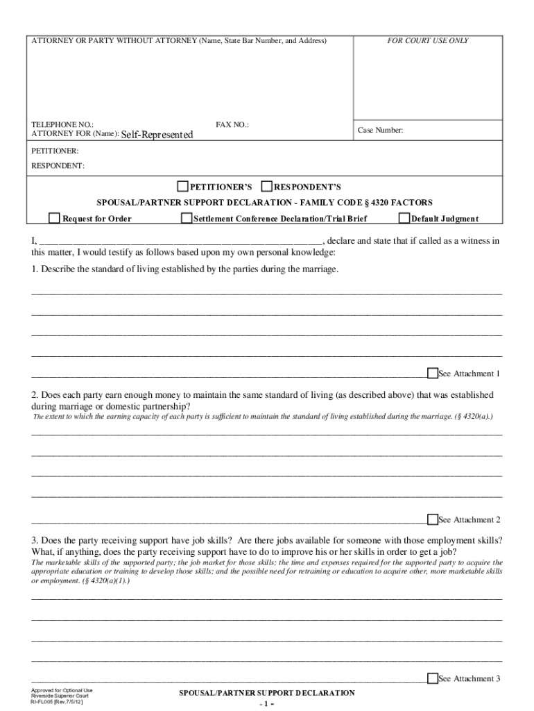 Sample Declaration for Spousal Support  Form
