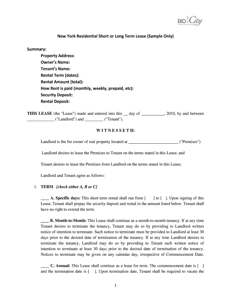 Nyc Apparment Rental Agreement  Form