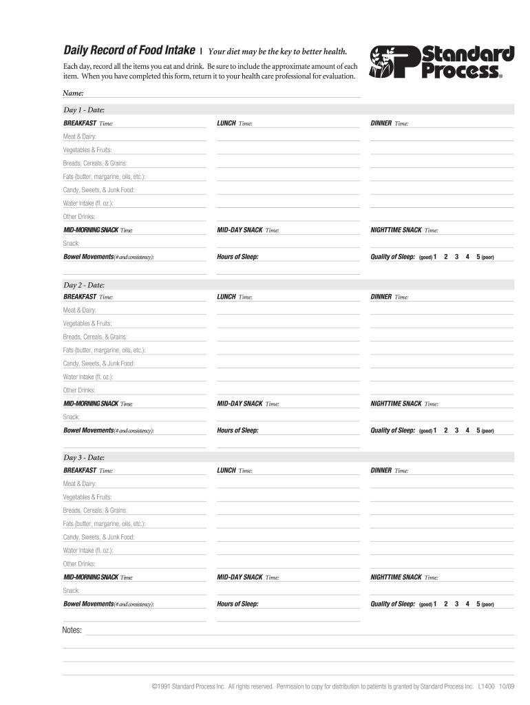 Standard Process Food Log  Form