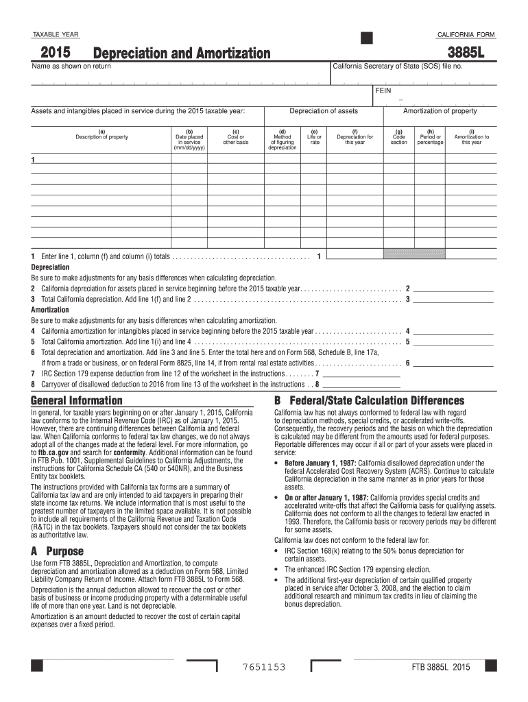  Form 3885L  Depreciation and Amortization  Ftb Ca 2015