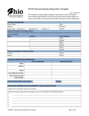 RTCR General Sample Siting Plan Template Epa Ohio  Form