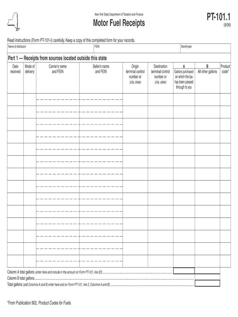 Form PT 101 10906 Motor Fuel Receipts, Pt1011 Tax Ny