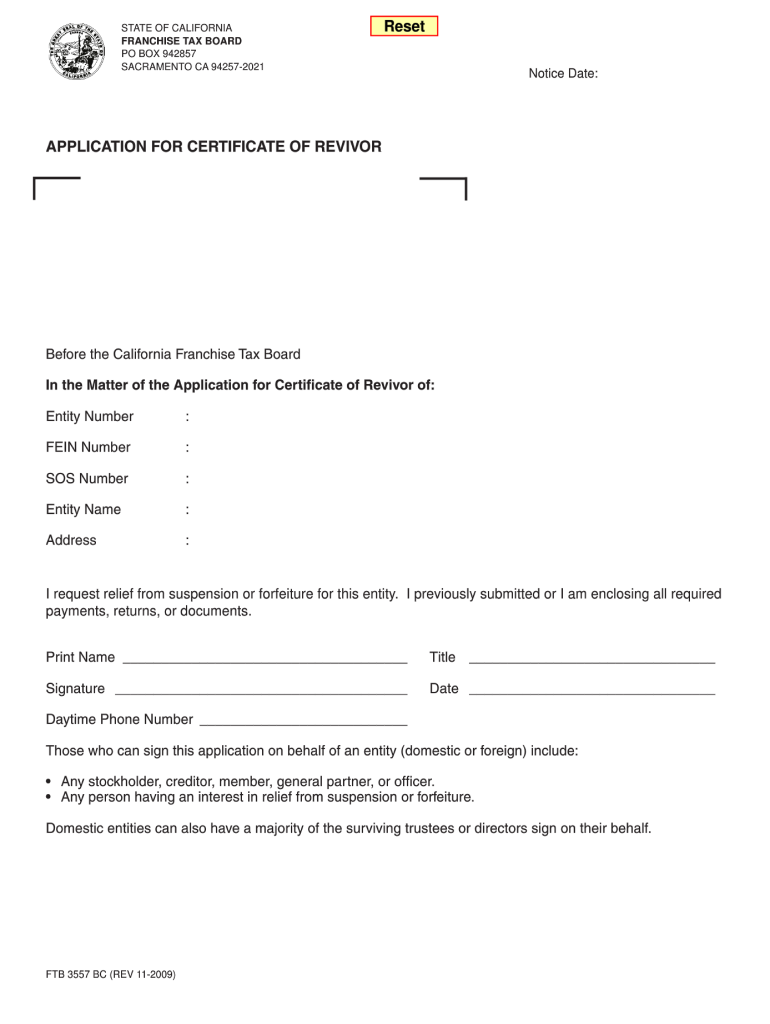  Application for Certificate of RevivorCorporation Franchise Tax 2015