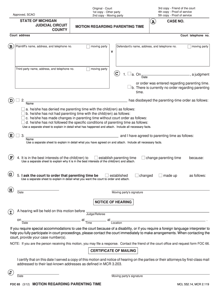  Form FOC 65 MOTION REGARDING PARENTING TIME 2014