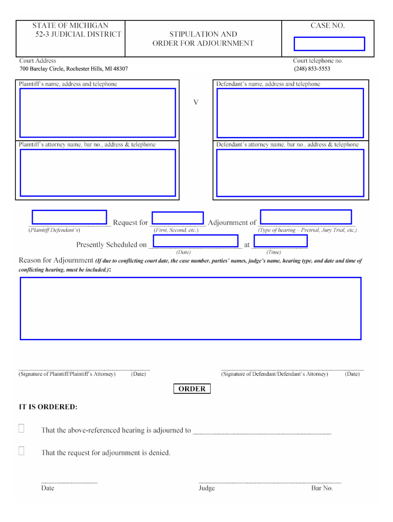 Michigan Order Adjournment  Form