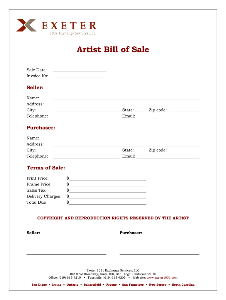 Artwork Bill of Sale PDF  Form