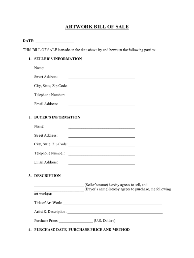 Artwork Bill of Sale PDF  Form