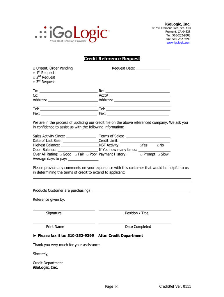 Get and Sign Credit Reference Request 2011-2022 Form