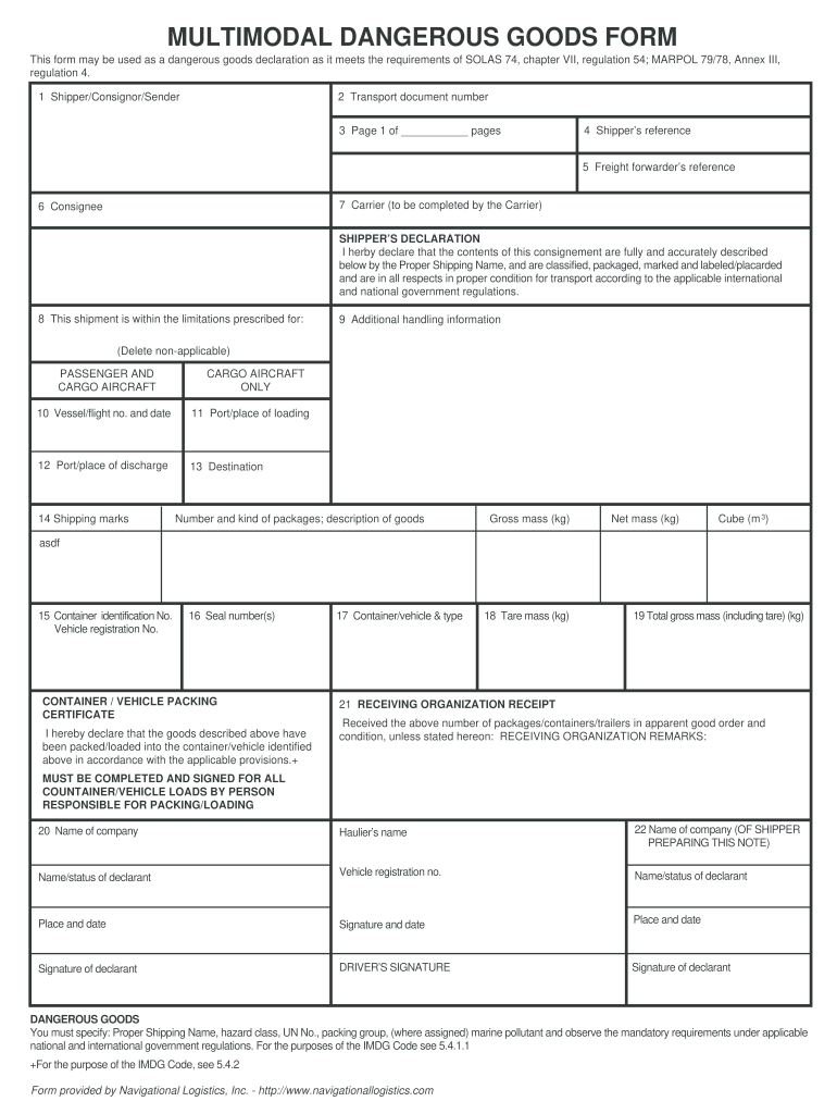 Multimodal Dangerous Goods Form