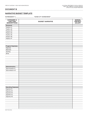 Document B Narrative Budget Template and Detail Budget Template Cdss Ca  Form