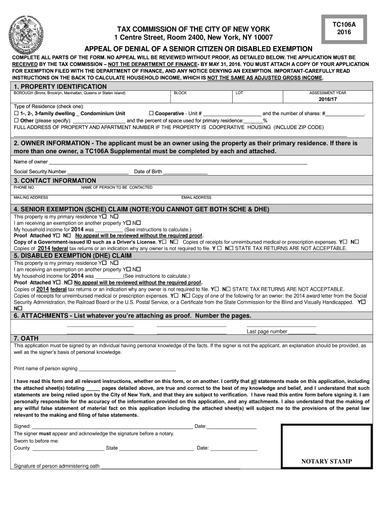  Nyc Finance Form Tc106a 2016-2024