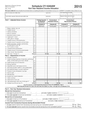 Schedule CT 1040AW, Part Year Resident Income Allocation Part Year Resident Income Allocation Ct Form