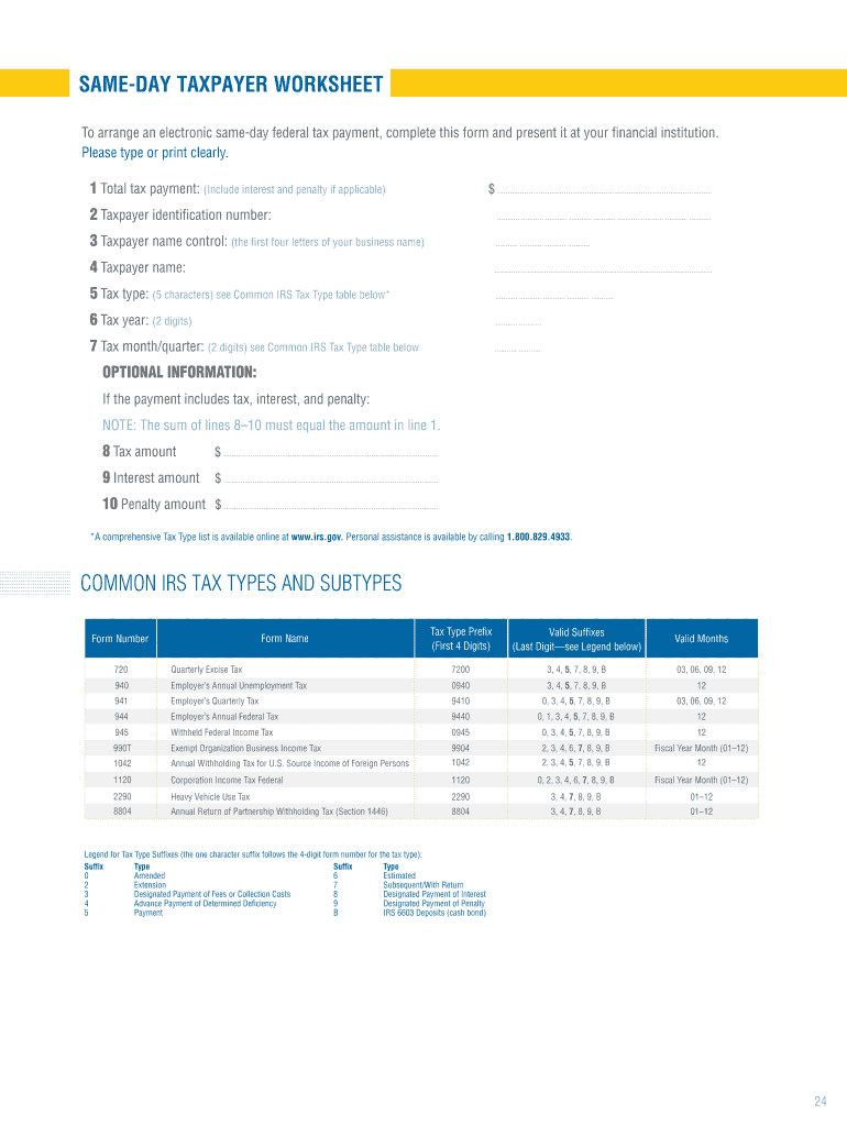 Same Day Taxpayer Worksheet  Form