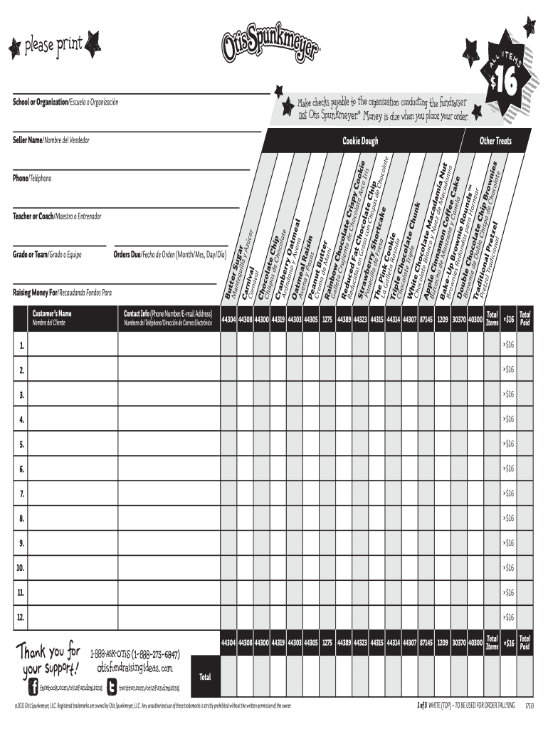 Otis Spunkmeyer Fundraiser Catalog PDF  Form