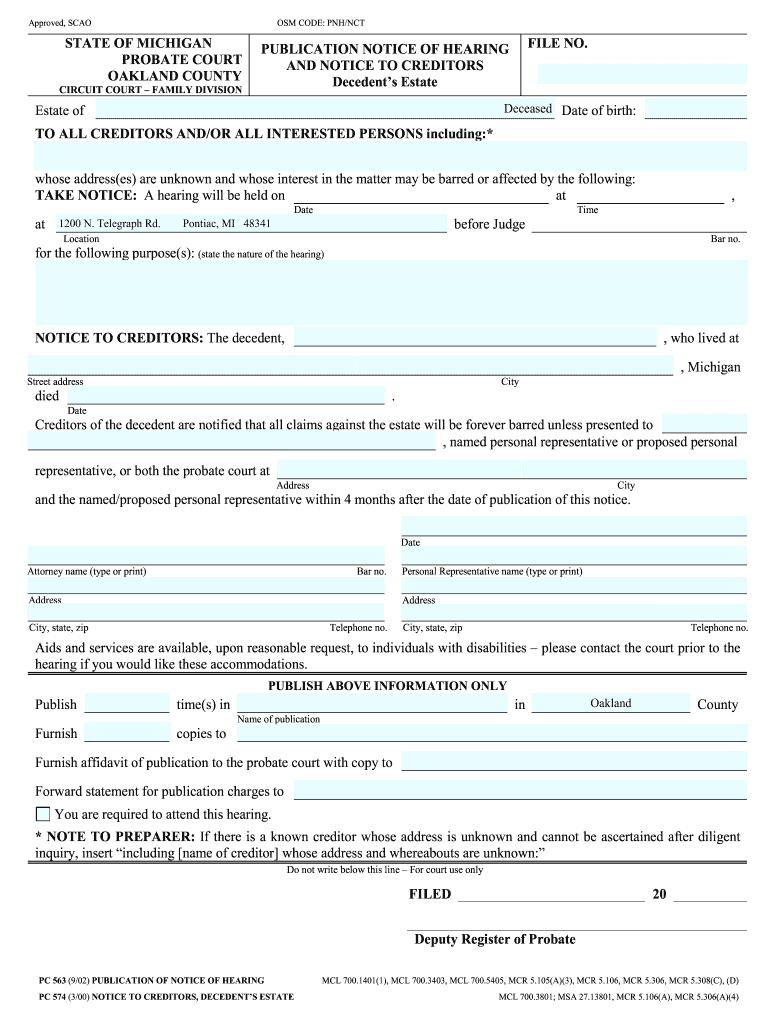 Notice to Creditors Template  Form