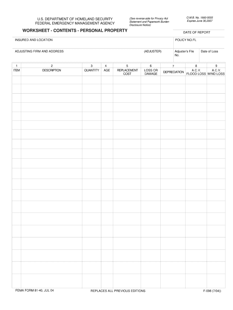 Fema Contents Sheet Form