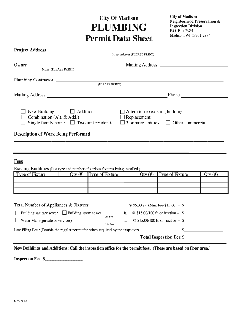  City of Madison Plumbing Permit Form 2012