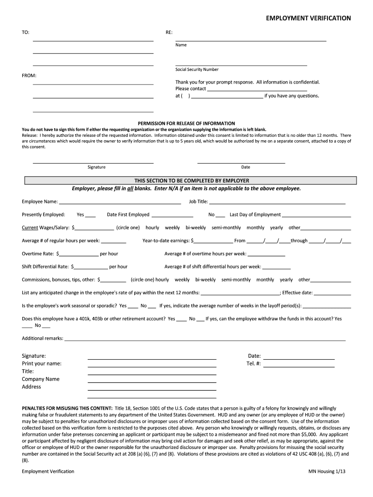 Minnesota Employment Verification  Form
