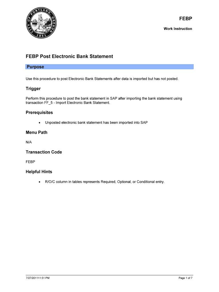 FEBP Post Electronic Bank Statement the City of Portland, Oregon  Form