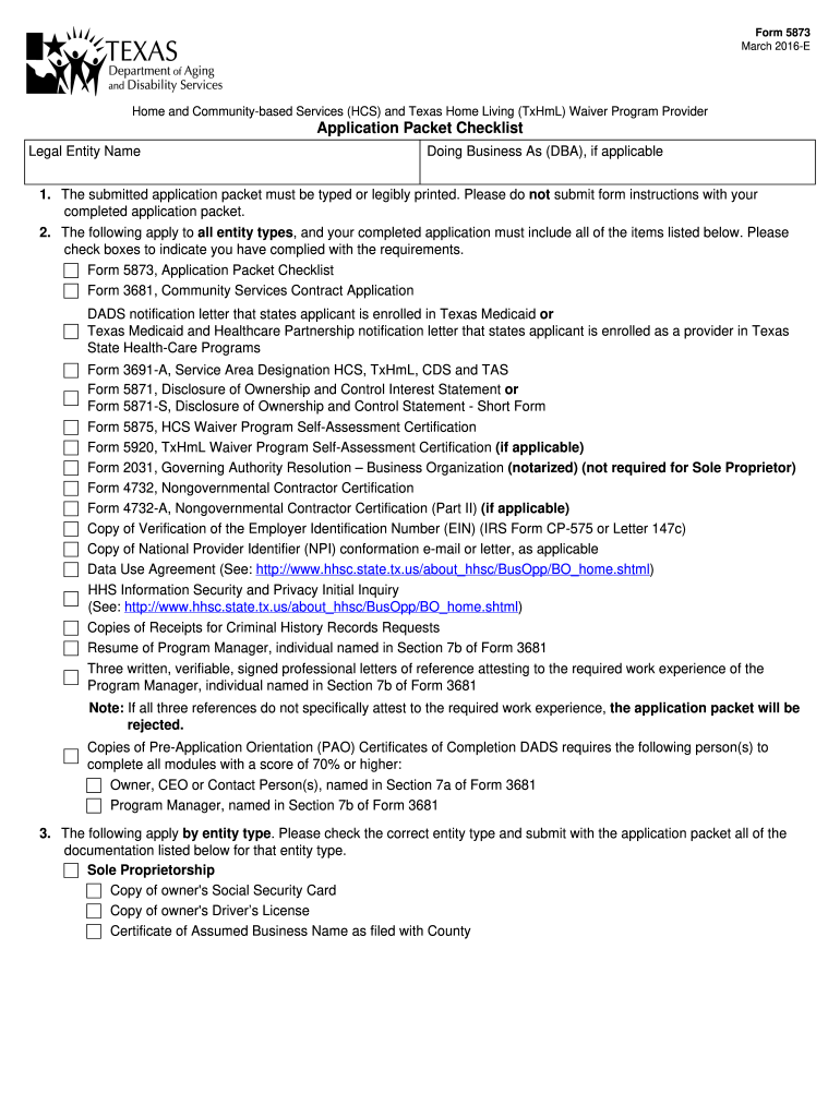  Form 5873 Home and Community Based Services HCS and 2016