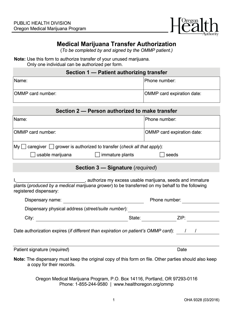  OHA 9328 Medical Marijuana Transfer Authorization OHA 9328 Medical Marijuana Transfer Authorization  Oregon 2016-2024