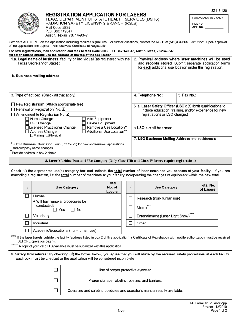Registration Application for Lasers Dshs Texas  Form