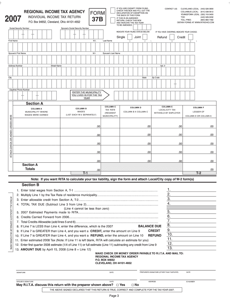  Ohio Regional Income Tax Agency Form 37 2007