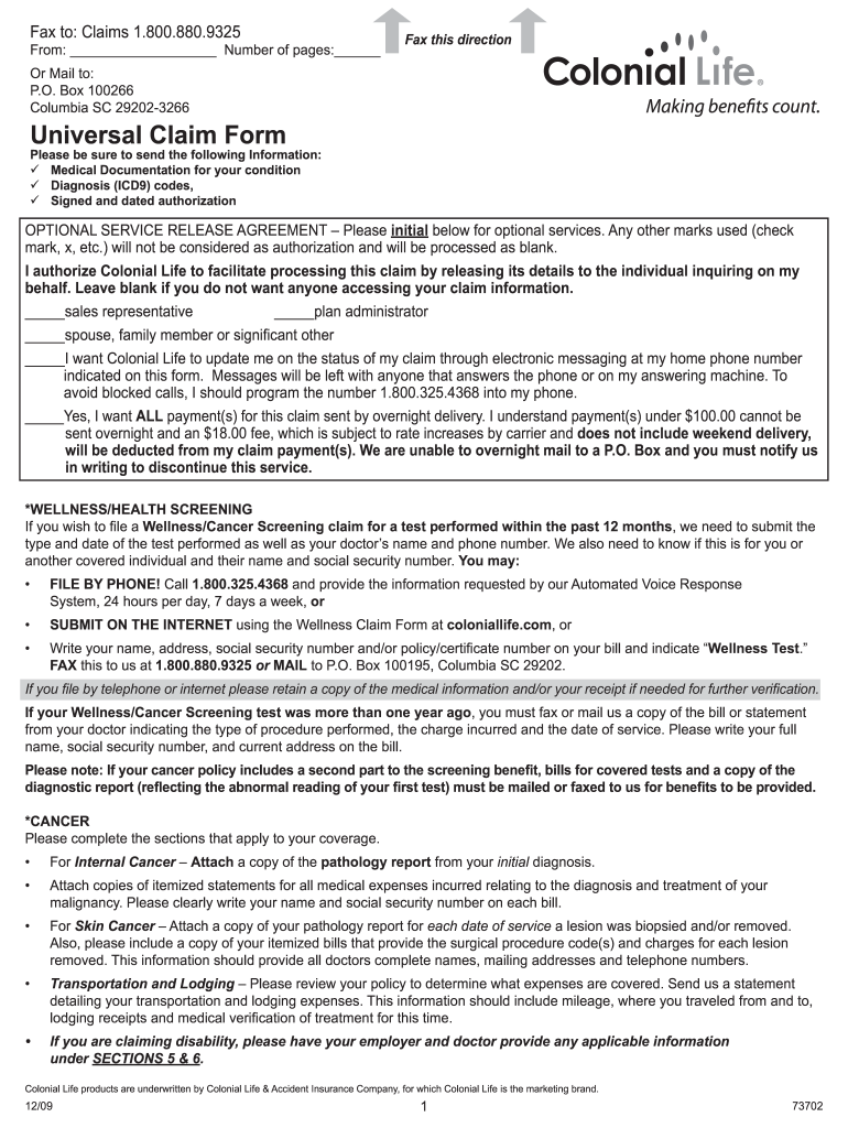  Colonial Life Universal Claim Form 2009-2024