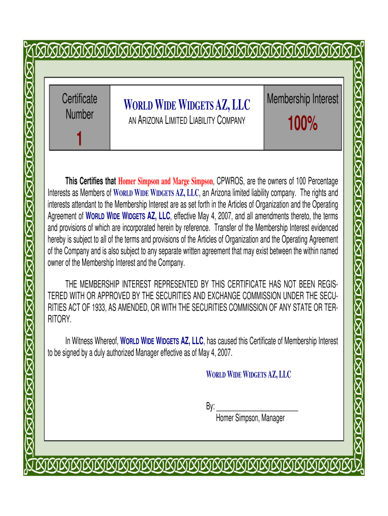 Llc Membership Certificate Word  Form