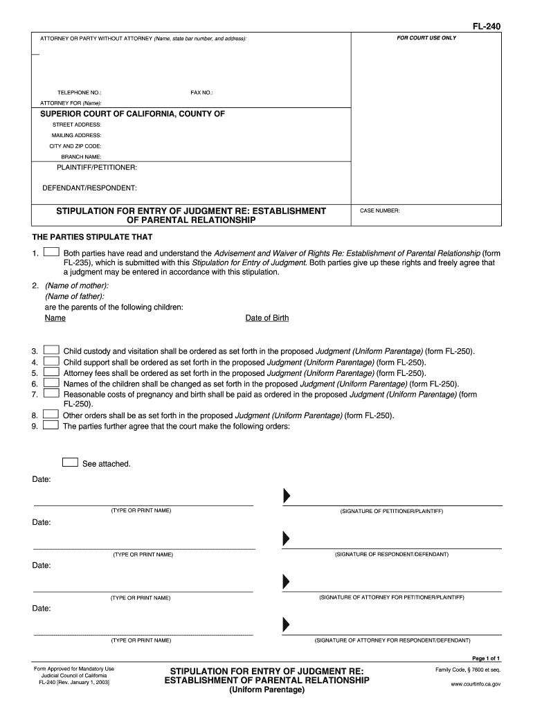  FL 240 STIPULATION for ENTRY of California Courts Courts Ca 2003