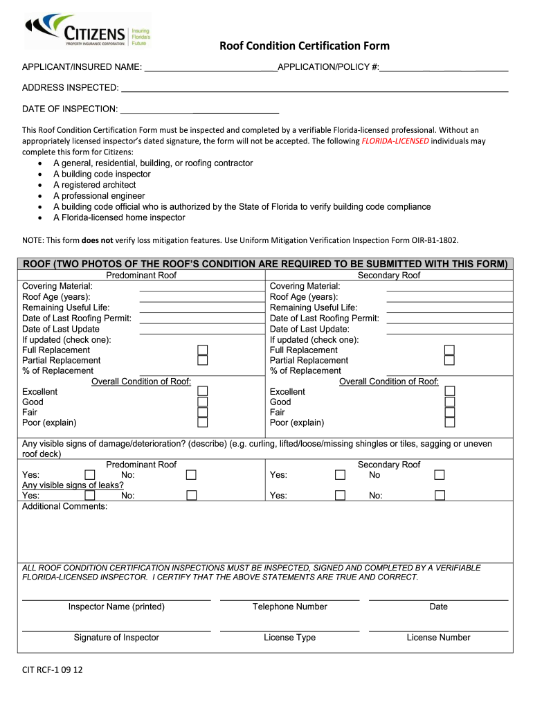  Florida Roof Inspection Form 2012-2024