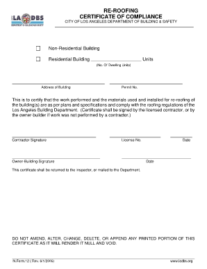 Roofing Certificate of Compliance  Form