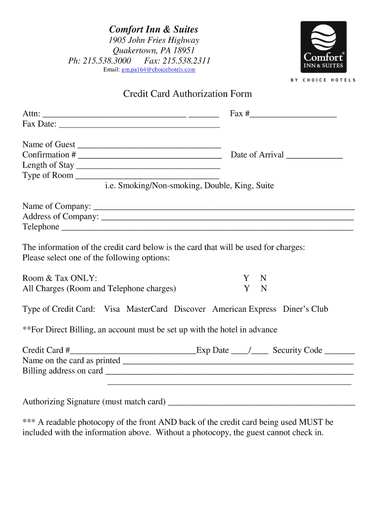 Comfort Inn Credit Card Authorization Form