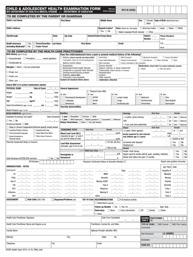  Nyc School Health Examination Form 2016-2024