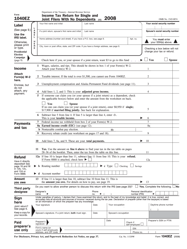  1040ez Tax Form 2008